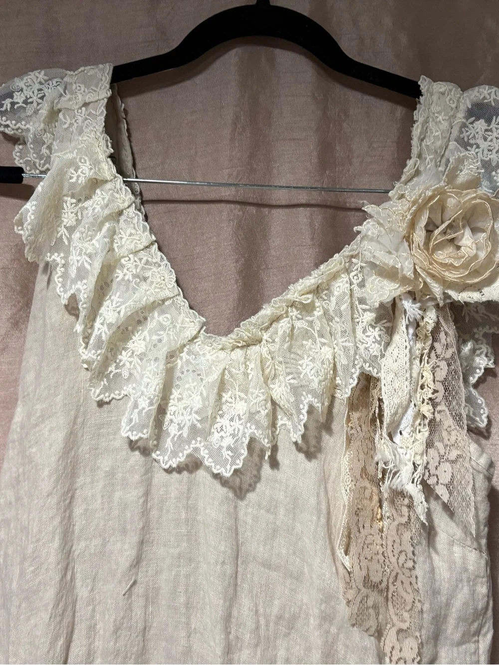 Vtg  Lace Italian Linen V-Neck Upcycled Dress Handmade Sz Med Slight Low Hem - Picture 5 of 14